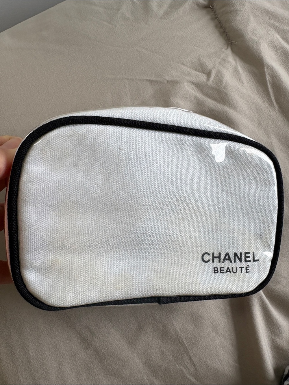 CHANEL Beauté White Cosmetic Pouch with Black Trim
